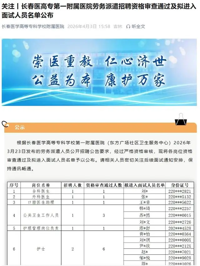 長春一醫院回應“招聘面試名單公佈後作廢”：經費不足