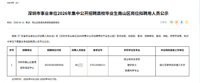 深圳事業單位招聘名單公示，有單位擬聘人員“全員碩士”